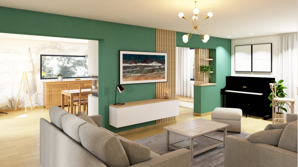 Idéer för att renovera ett stort funkis vardagsrum, med gröna väggar, ljust trägolv och en väggmonterad TV