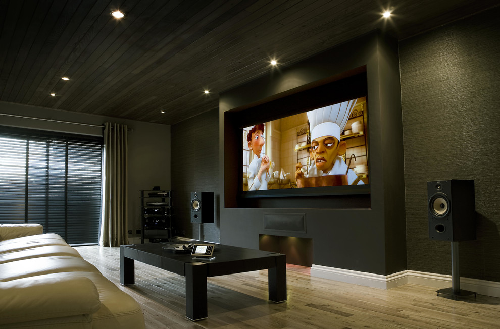 Design ideas for a modern home theatre in West Midlands.