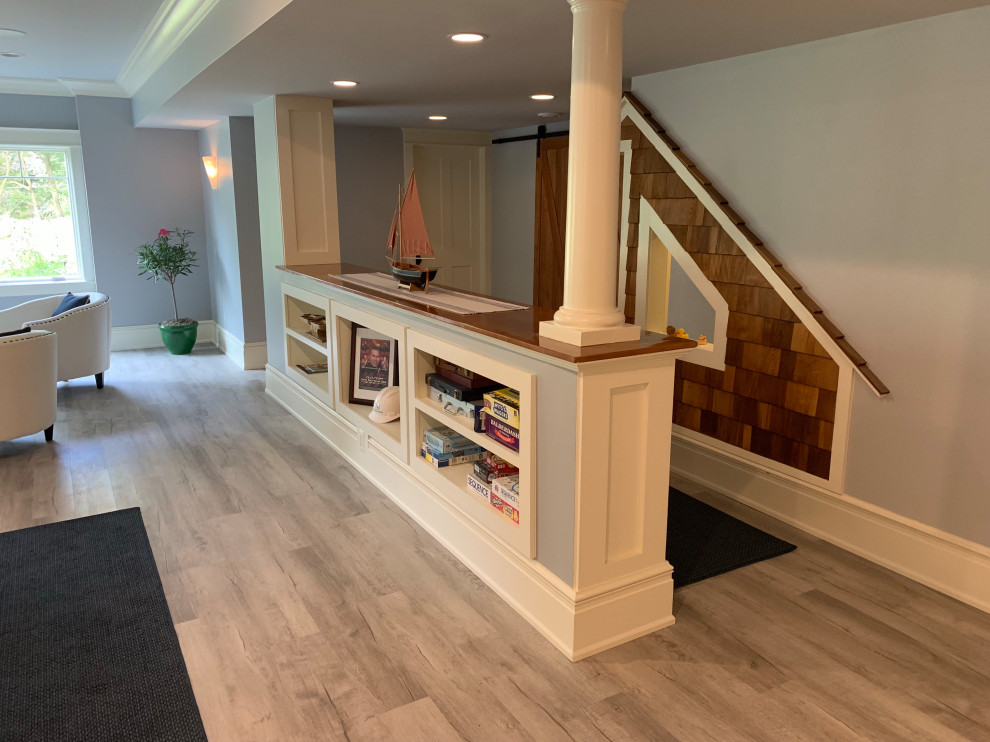 Photo of a large transitional walk-out basement in Chicago with blue walls, light hardwood floors, no fireplace and grey floor.