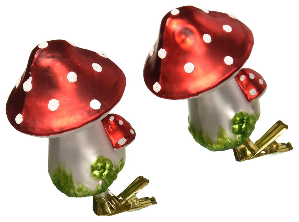 Kurt Adler Mushroom ClipOn Glass Ornaments, 2Piece Box Set