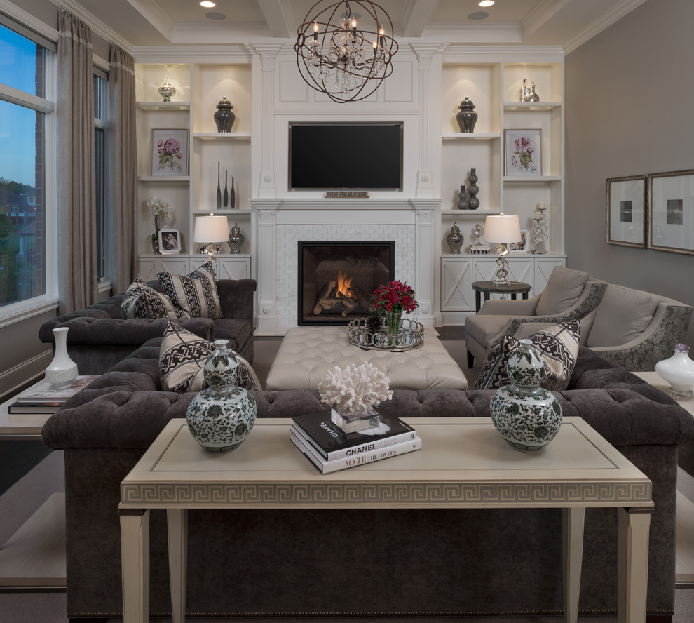 Photo of a large transitional formal open concept living room in Detroit with brown walls, dark hardwood floors, a standard fireplace, a tile fireplace surround and a built-in media wall.
