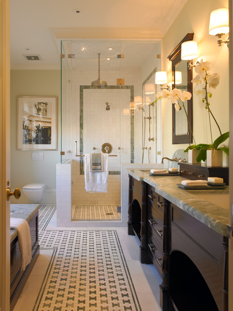 This is an example of a traditional bathroom in San Francisco with mosaic tile and a wall-mount toilet.