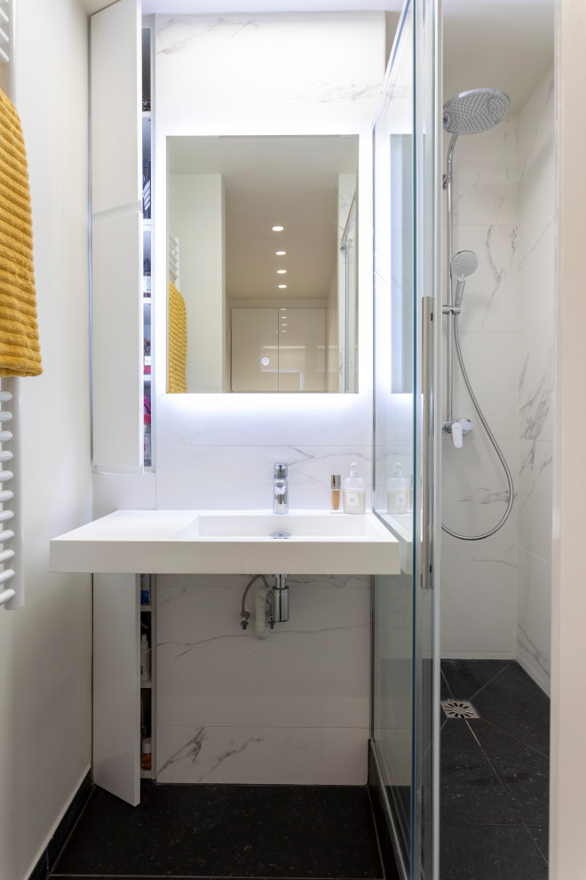 Design ideas for a small contemporary shower room bathroom in Other with beaded cabinets, white cabinets, an alcove shower, white tiles, marble tiles, white walls, slate flooring, a wall-mounted sink, soapstone worktops, grey floors, a sliding door, white worktops, a single sink and a built in vanity unit.