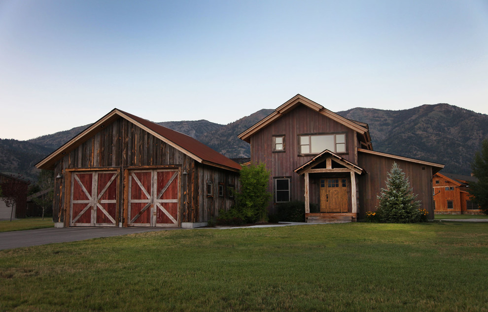 Rustic multicolored two-story wood exterior home idea