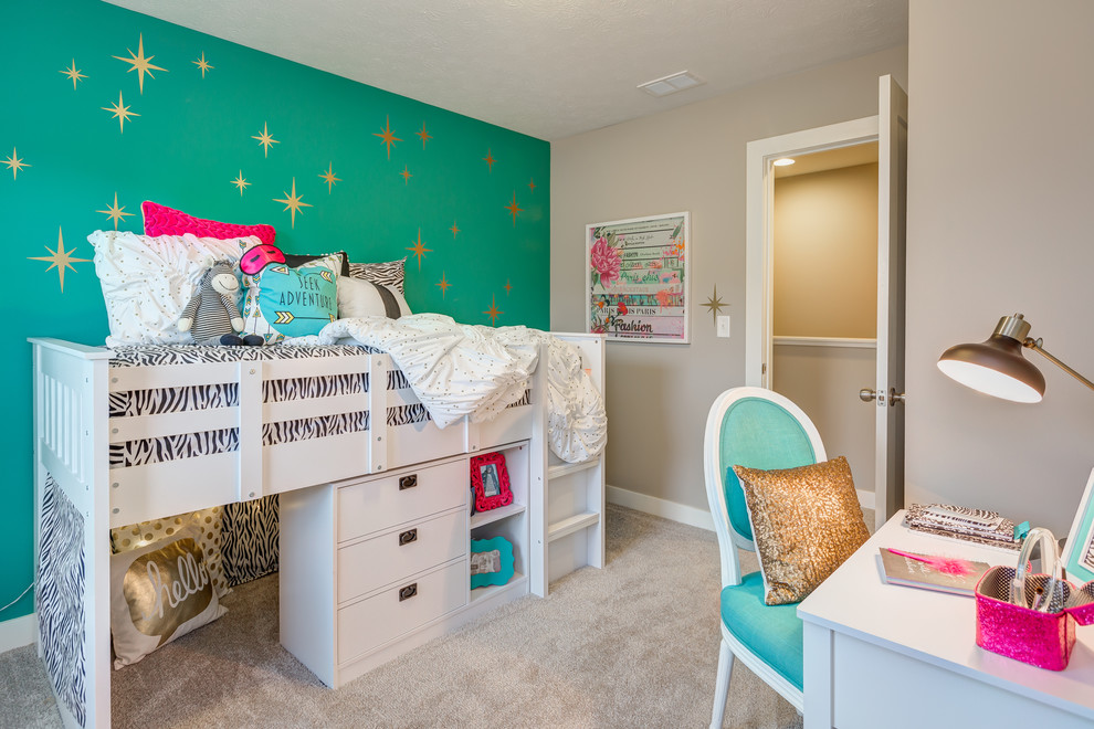 This is an example of a mid-sized arts and crafts kids' bedroom for kids 4-10 years old and girls in Other with beige walls and carpet.