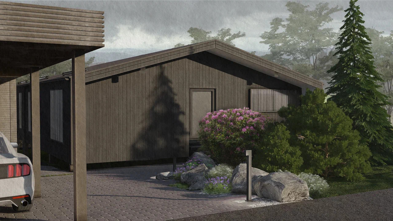 Вид на дом и навес спереди