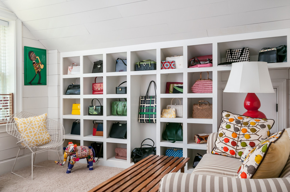 Transitional women's beige floor and carpeted walk-in closet photo in Atlanta with open cabinets and white cabinets