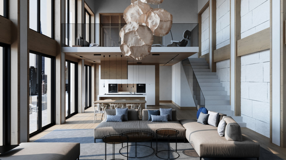 Mittelgroßes, Repräsentatives Modernes Wohnzimmer im Loft-Stil mit grauer Wandfarbe, Keramikboden, Multimediawand, grauem Boden und Ziegelwänden in Los Angeles