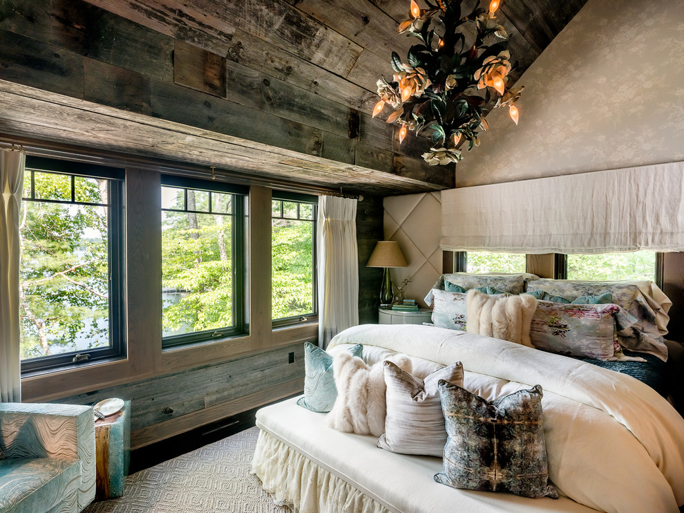 Master bedroom with dramatic reclaimed wood ceiling and integrated headboard wal - Elizabeth Pedinotti Haynes