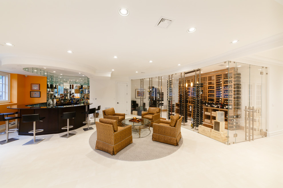 Inspiration for an expansive modern wine cellar in New York with marble floors and storage racks.