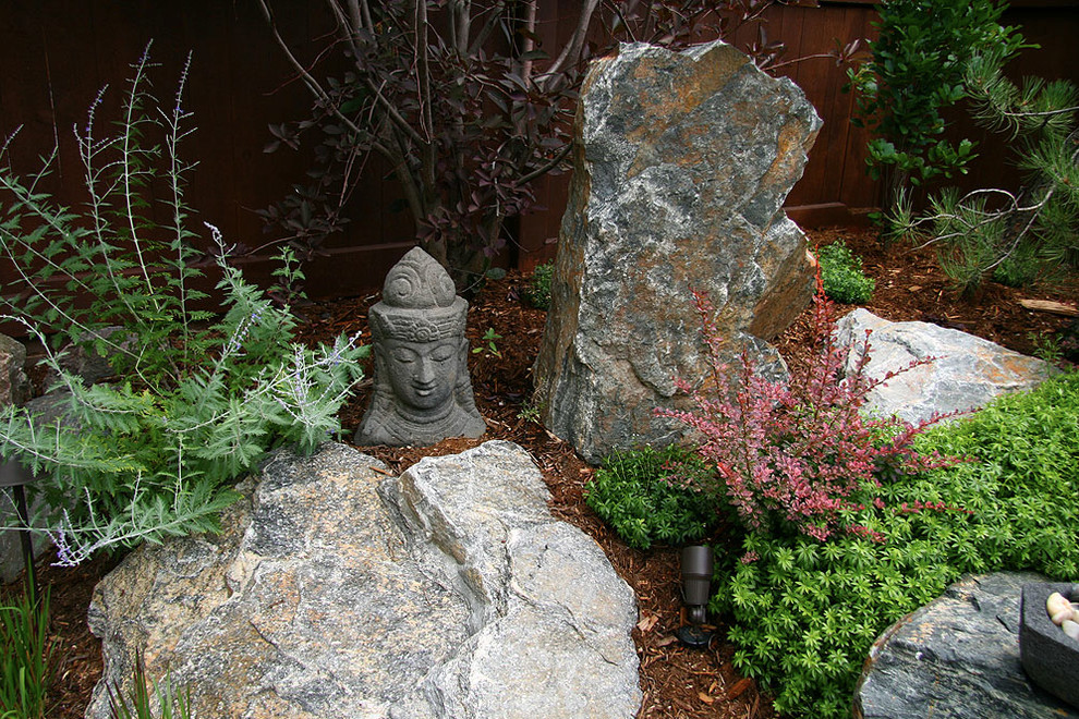 Example of a small transitional backyard stone patio design in Denver with a fire pit and no cover