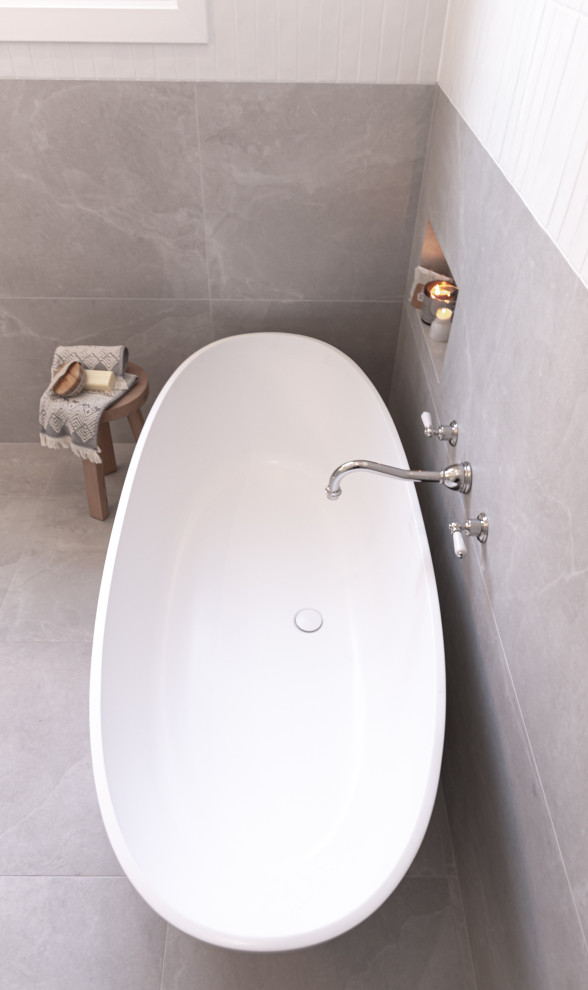 Inspiration for a mid-sized modern master bathroom in Sydney with beaded inset cabinets, white cabinets, a freestanding tub, an open shower, a one-piece toilet, gray tile, white tile, a vessel sink, grey floor, an open shower, white benchtops, a niche, a single vanity and a floating vanity.