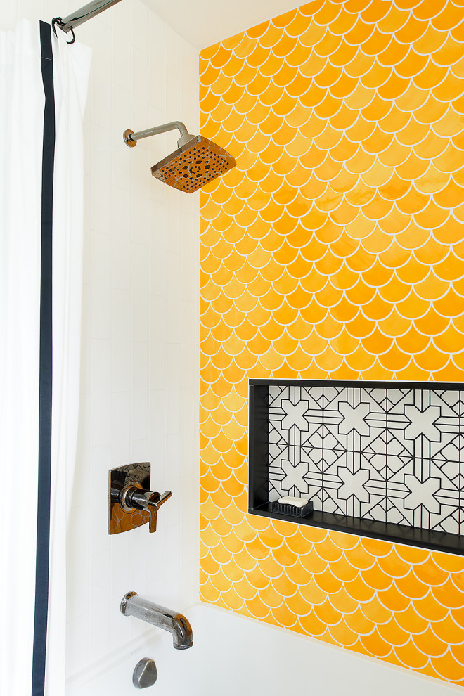 Inspiration for a small contemporary kids' yellow tile and ceramic tile porcelain tile, black floor, single-sink and wallpaper bathroom remodel in Philadelphia with flat-panel cabinets, yellow cabinets, a one-piece toilet, white walls, an integrated sink, white countertops, a niche and a freestanding vanity