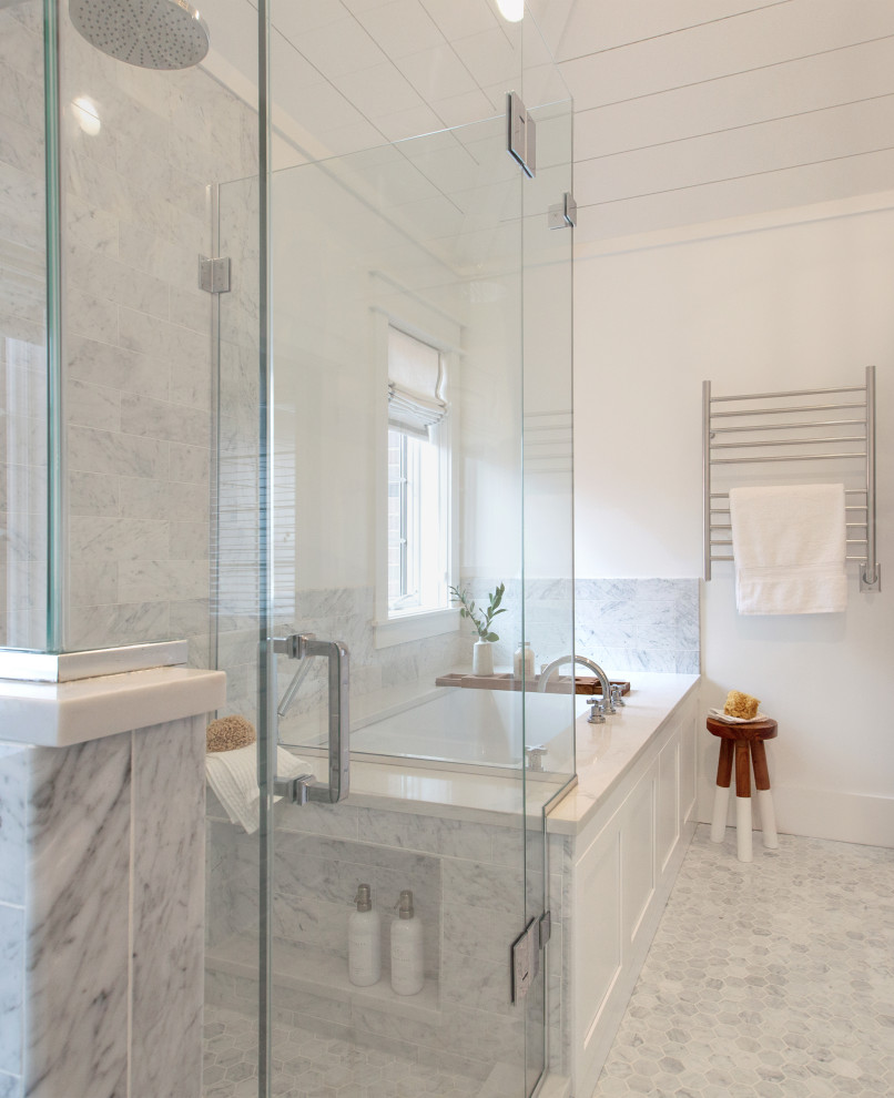 Example of a large transitional master marble floor, gray floor, double-sink and shiplap ceiling bathroom design in Chicago with shaker cabinets, white cabinets, a one-piece toilet, white walls, an undermount sink, quartzite countertops, a hinged shower door, white countertops and a built-in vanity