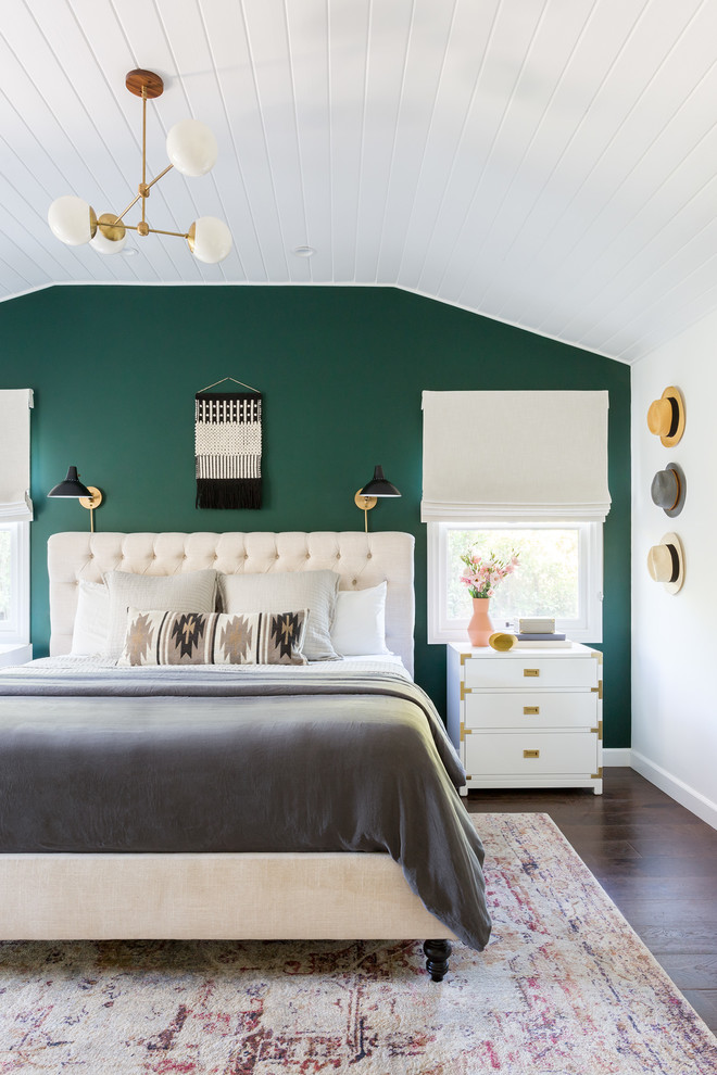 Design ideas for a beach style master bedroom in Los Angeles with green walls, dark hardwood floors and no fireplace.