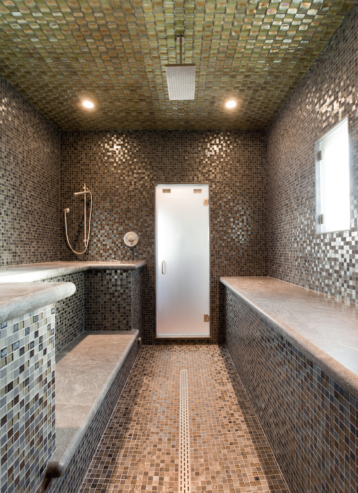 Photo of a large beach style master wet room bathroom in Providence with gray tile, mosaic tile, grey walls, mosaic tile floors, beige floor and a hinged shower door.