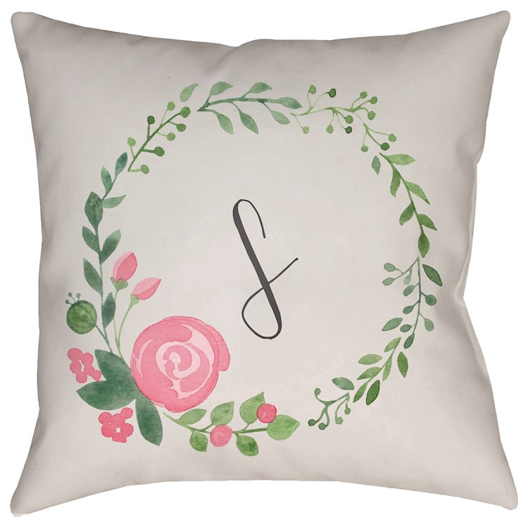 Initials II by Surya 'S' Pillow, Beige/Pink/Green, 18' x 18'