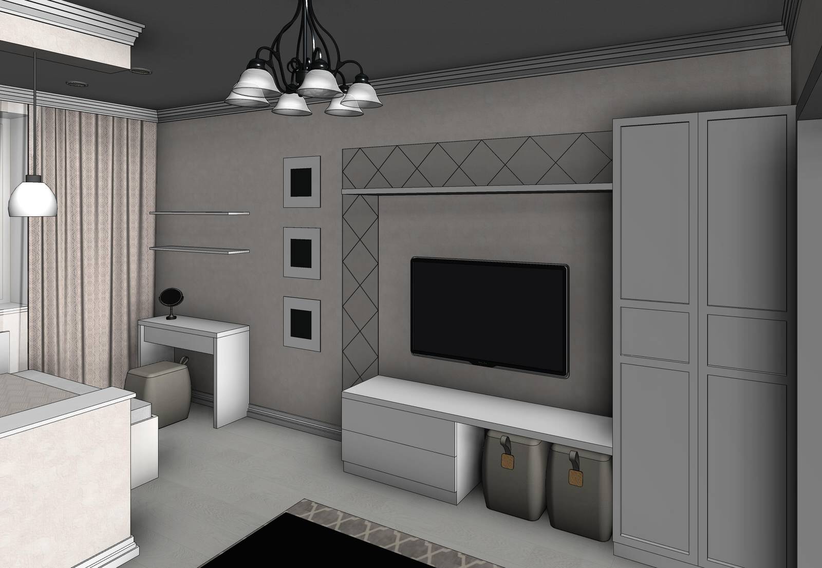 Эскизная визуализация проекта квартиры для молодой пары