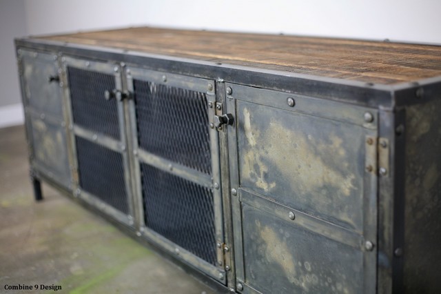 Vintage Industrial Media Console Credenza Reclaimed Wood Top