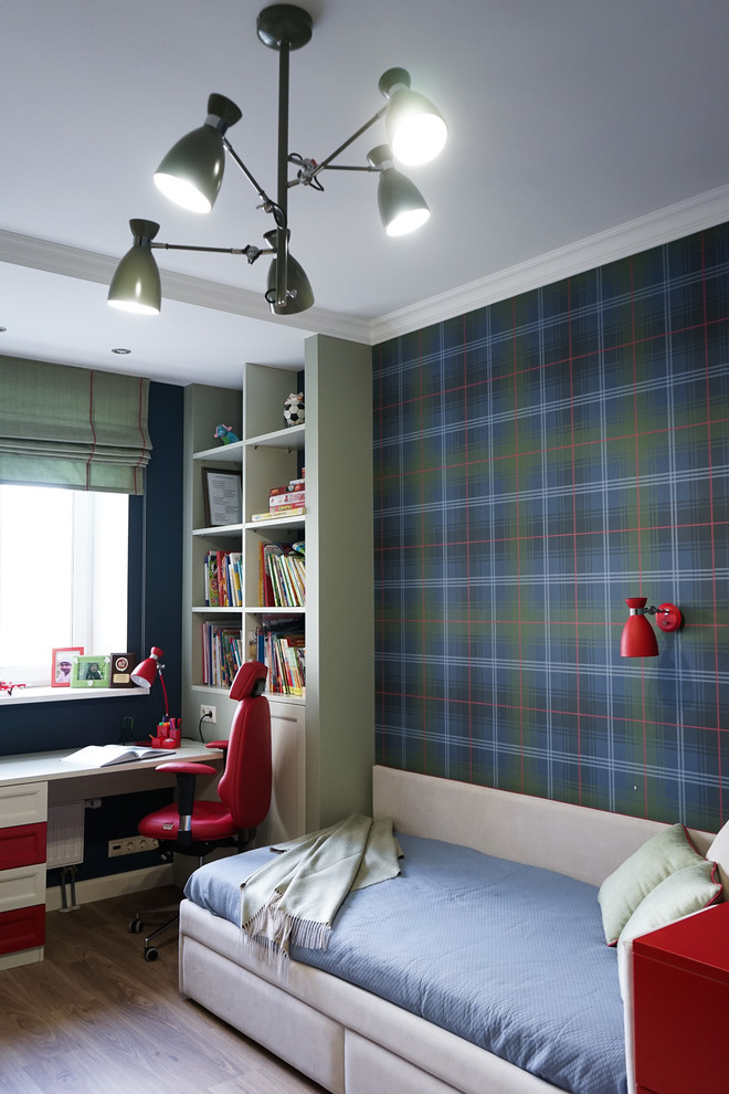 This is an example of a contemporary kids' room in Moscow with green walls, light hardwood floors and beige floor.
