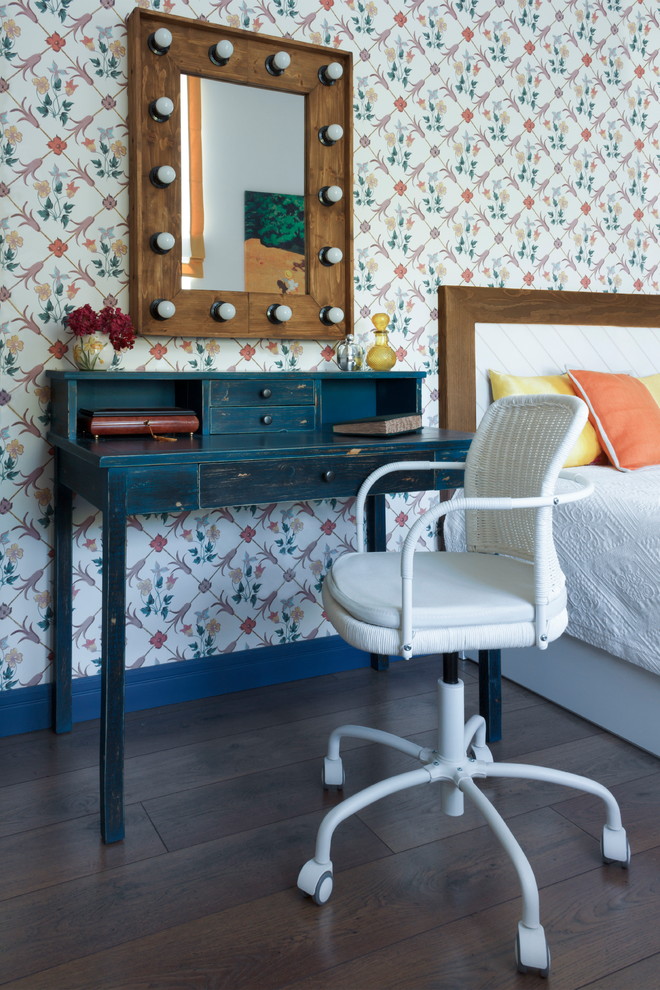 Inspiration for a mid-sized eclectic master bedroom in Moscow with white walls, medium hardwood floors and brown floor.