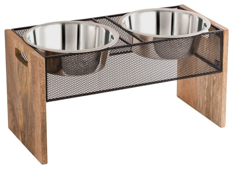 22 Inch Large Double Pet Feeder  Rustic/Silver/Natural Finish - Pet - Pet