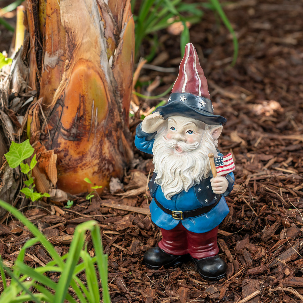 12" Tall Outdoor Patriotic Garden Gnome Saluting Yard Statue Decoration Contemporary Garden
