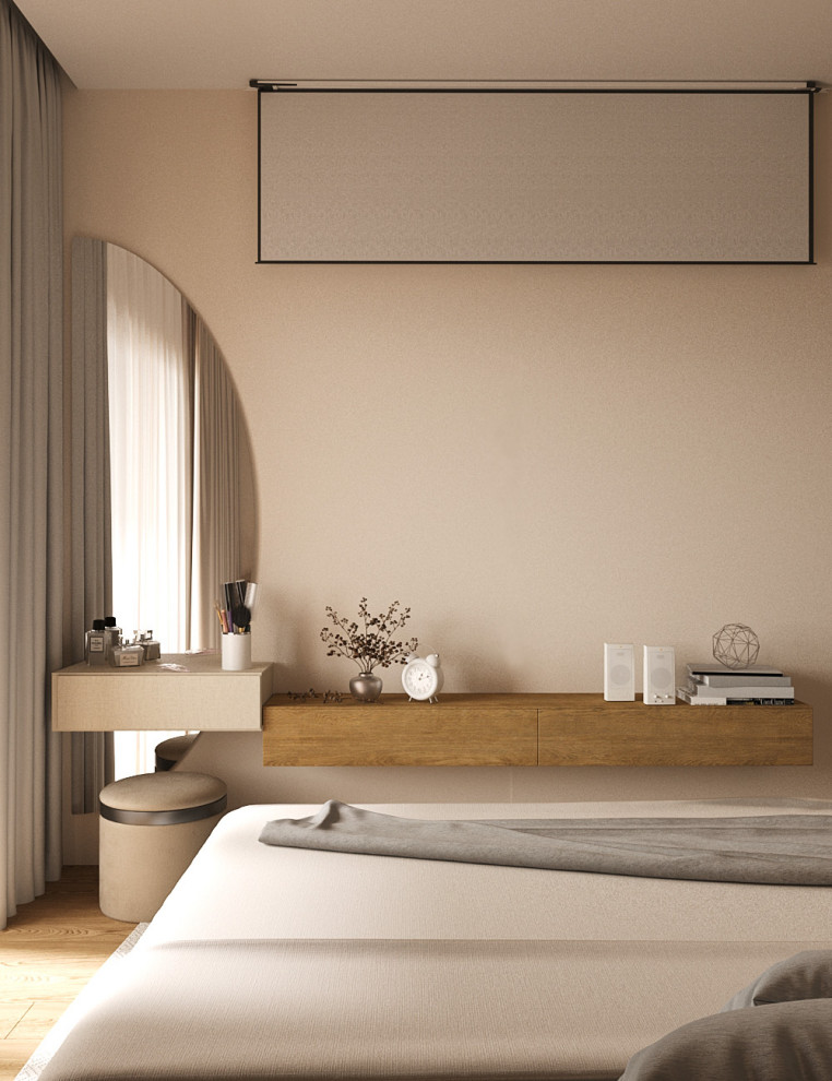 他の地域にある中くらいなコンテンポラリースタイルのおしゃれな主寝室 (ベージュの壁、ラミネートの床、茶色い床)
