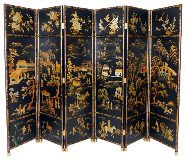Oriental Folding Wooden Screen Chinese Landscape Painting, 6 Panels ...