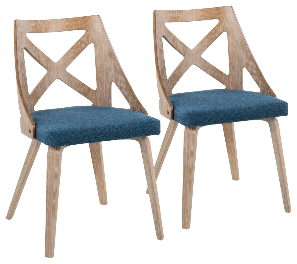 Charlotte Chair, Set of 2, White Washed Wood, Blue Fabric