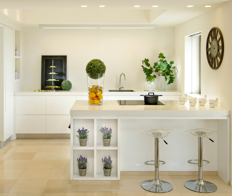 Inspiration for a contemporary kitchen in Other with flat-panel cabinets and white cabinets.