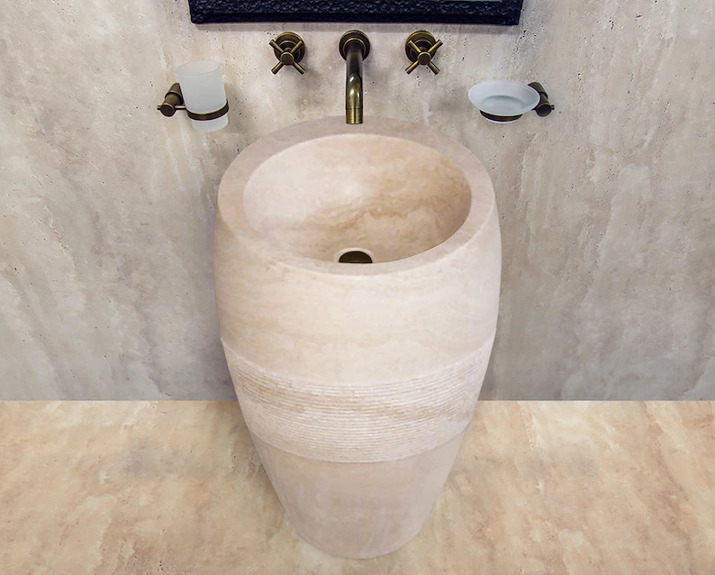 Troia Light 3 piece Travertine Pedestal Standalone Sink Curved Honed