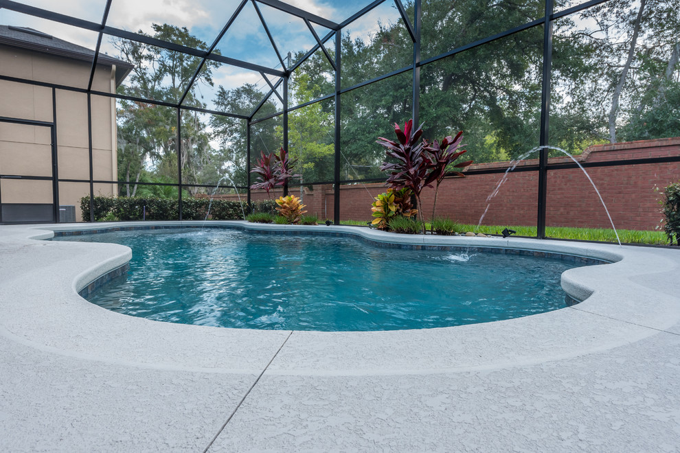 Example of a mid-sized transitional indoor custom-shaped pool fountain design in Orlando