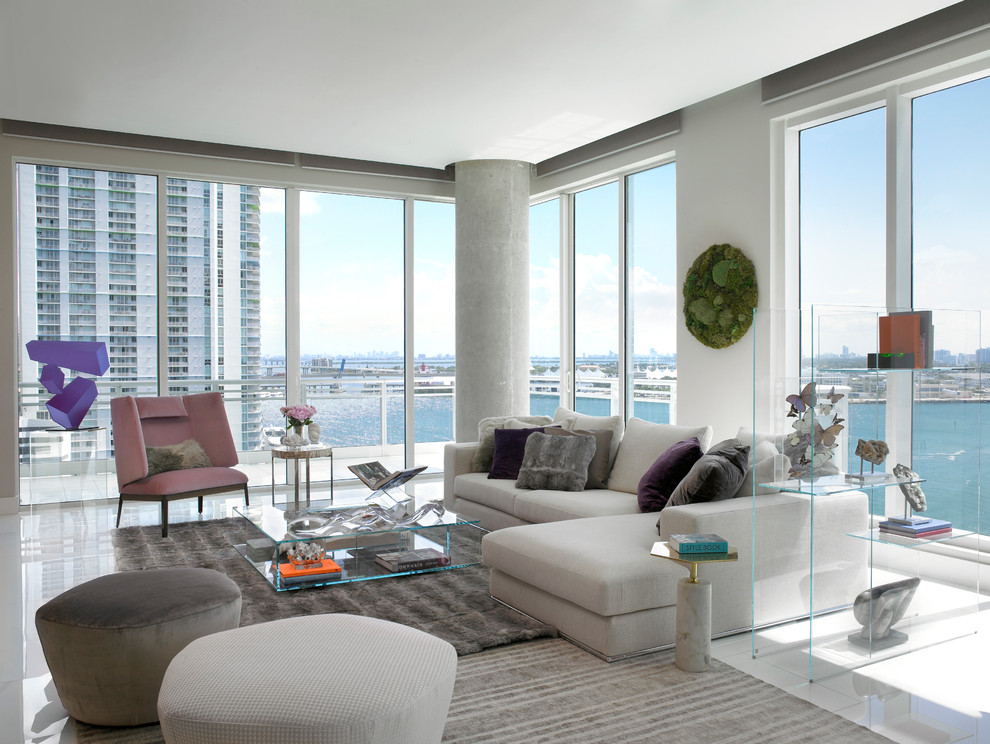 Design ideas for a contemporary living room in Miami with white walls.