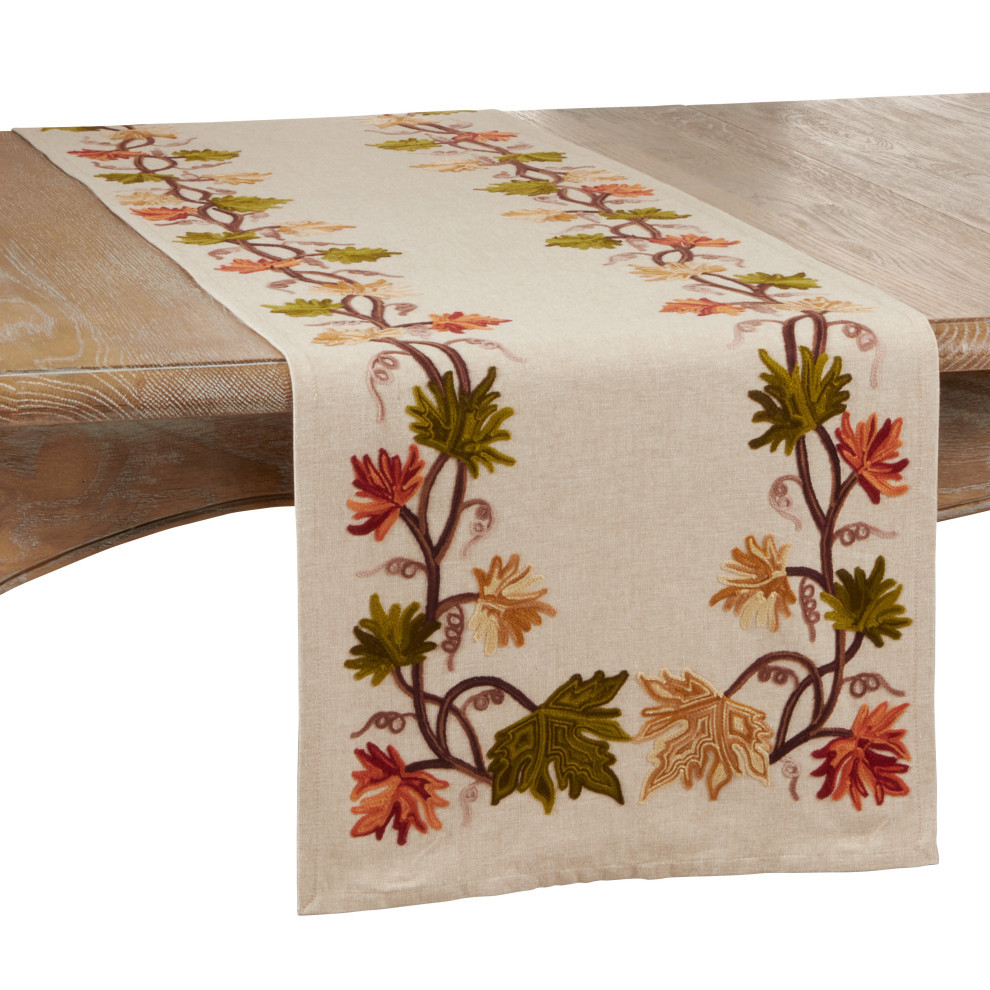 Fall Leaf Design Embroidered Table Runner, Natural, 16
