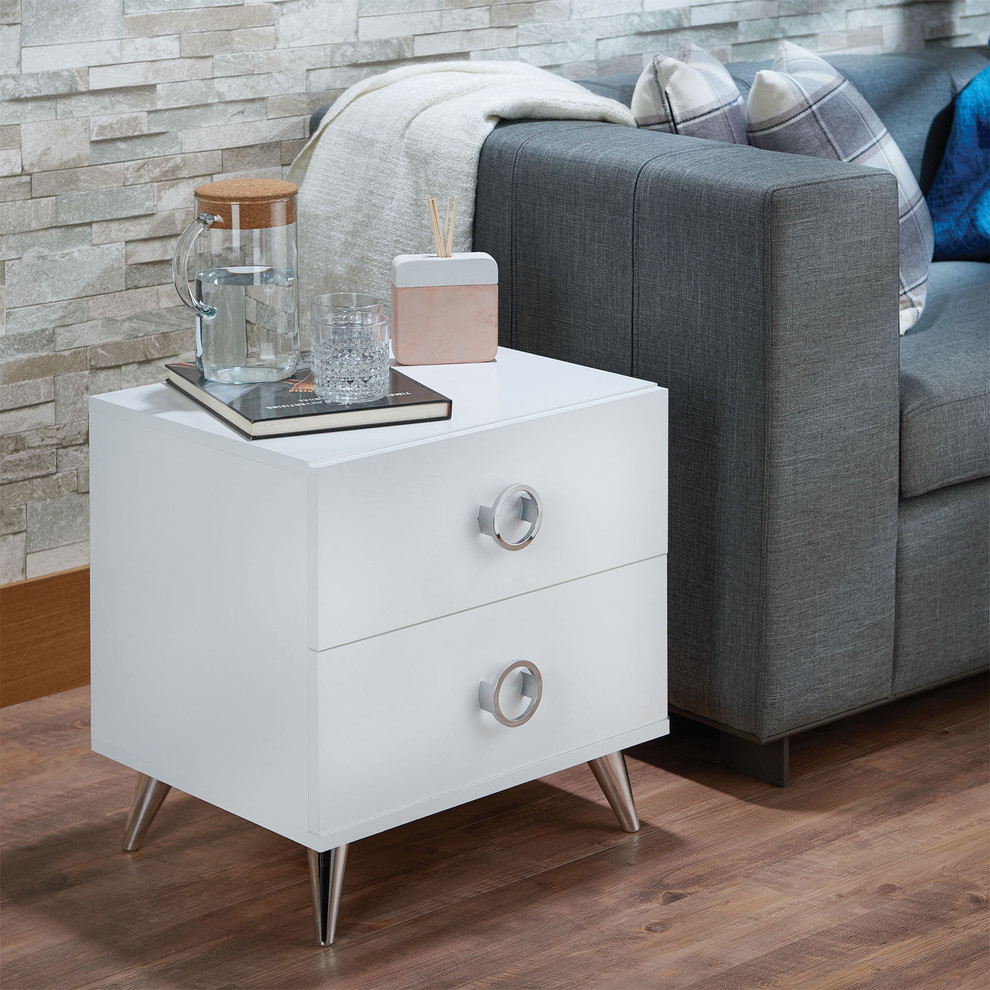 Acme Elms Nightstand, White and Chrome Contemporary Nightstands And