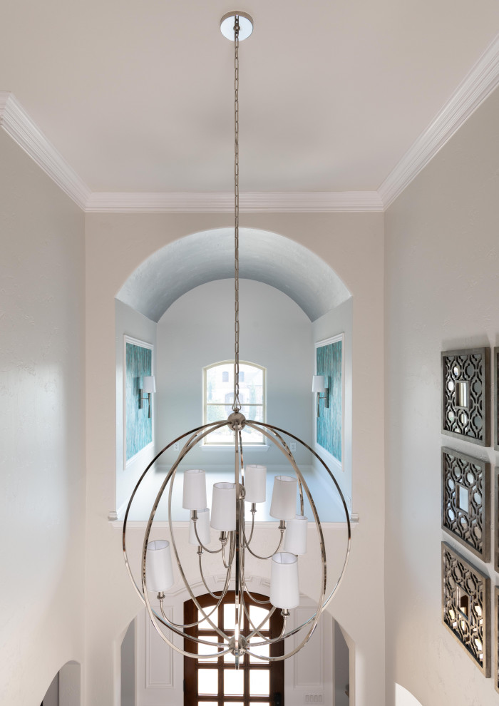 Foyer - mid-sized transitional medium tone wood floor and brown floor foyer idea in Dallas with gray walls and a medium wood front door