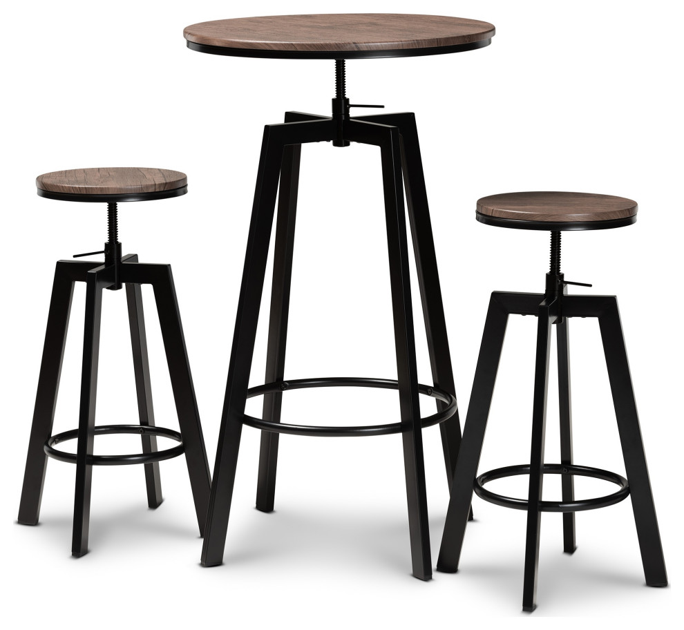 Maritta Walnut Finished and Black Metal 3-Piece Height Adjustable Bar Pub Set