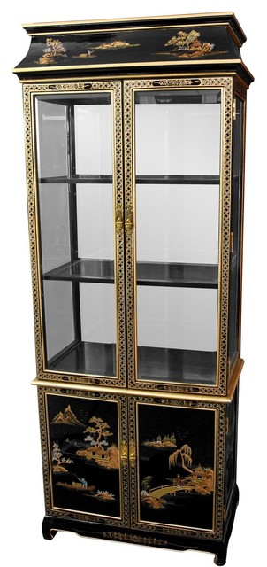 Ming Paa Top Curio Cabinet With Hand Painted Oriental Landscape Ming Paa Top Curio Cabinet With Hand Painted Oriental Landscape