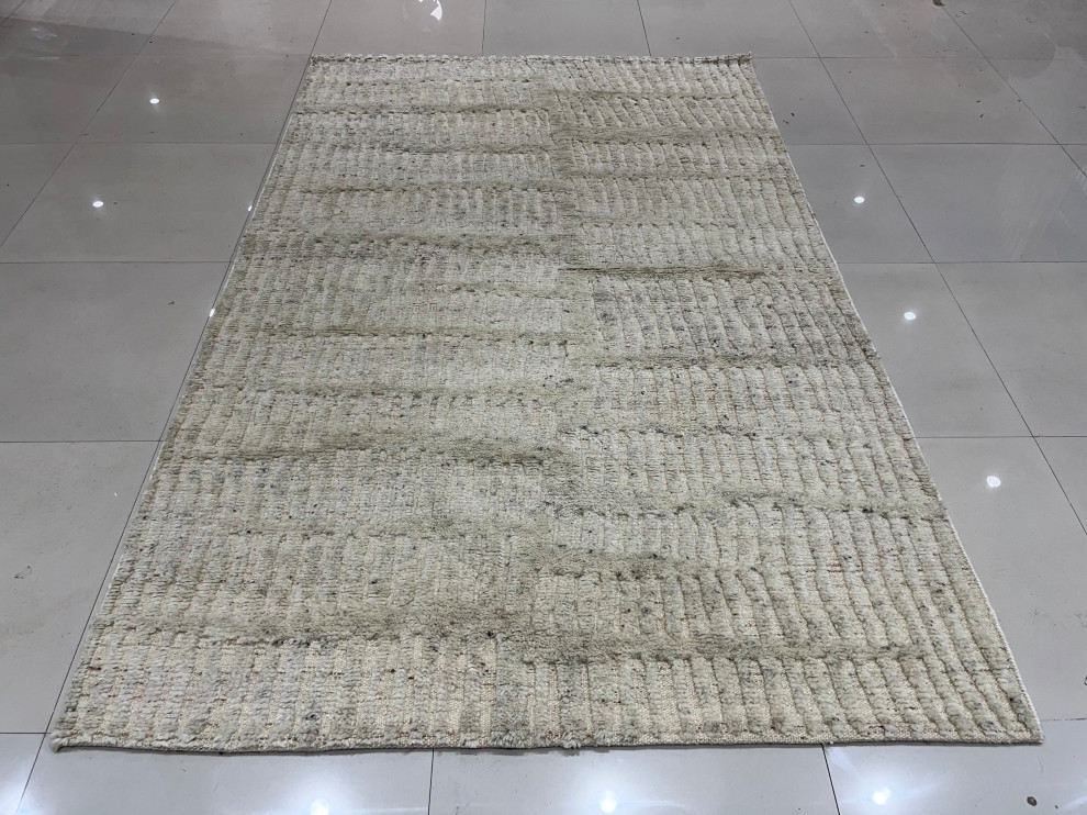 Hand-Knotted Wool Ivory Transitional Modern Gabbeh Rug, 5'x8 ...