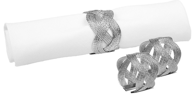 Classic Touch Silver Napkin Rings Woven Design, Set of 6