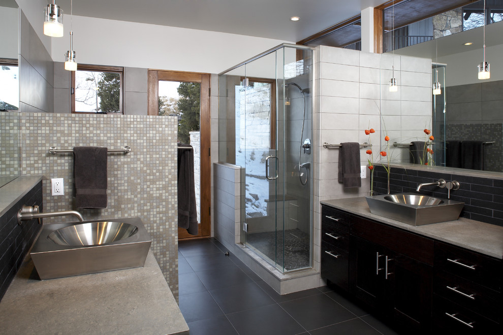Inspiration for a modern bathroom in Denver with a vessel sink and mosaic tile.
