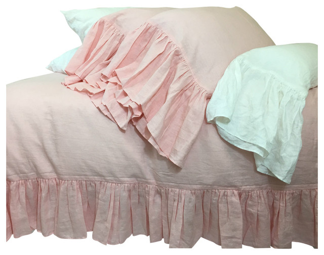 Pink Linen Duvet Cover With Mermaid Ruffles Traditional Duvet
