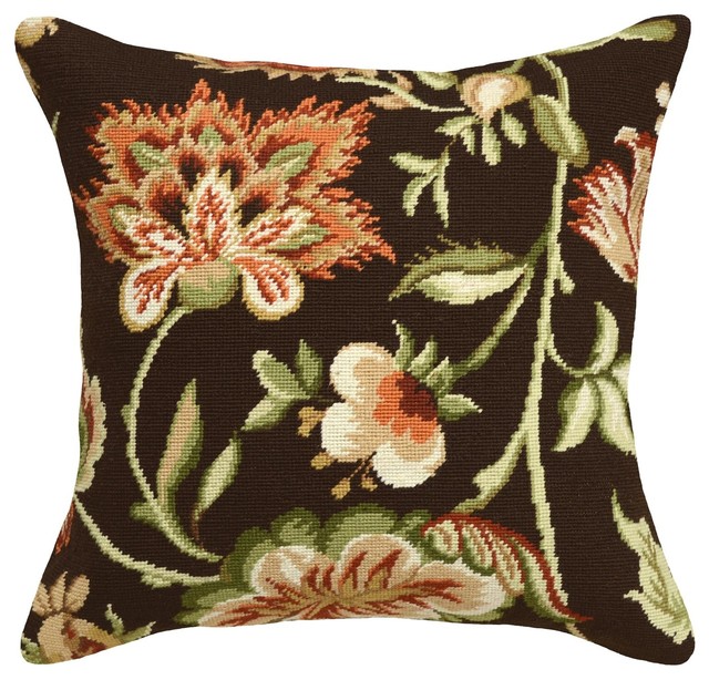 Throw Pillow Jacobean Floral Flowers 20x20 Brown Polyrayon Insert Traditional Decorative Pillows By Euroluxhome Houzz