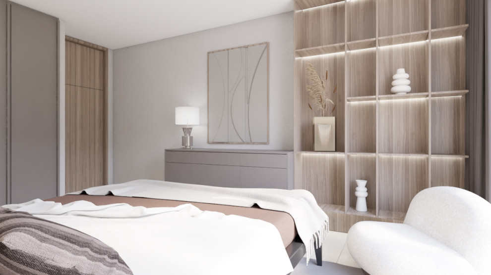 Пример оригинального дизайна: маленькая гостевая, серо-белая спальня (комната для гостей) в современном стиле с серыми стенами, полом из керамической плитки и бежевым полом для на участке и в саду