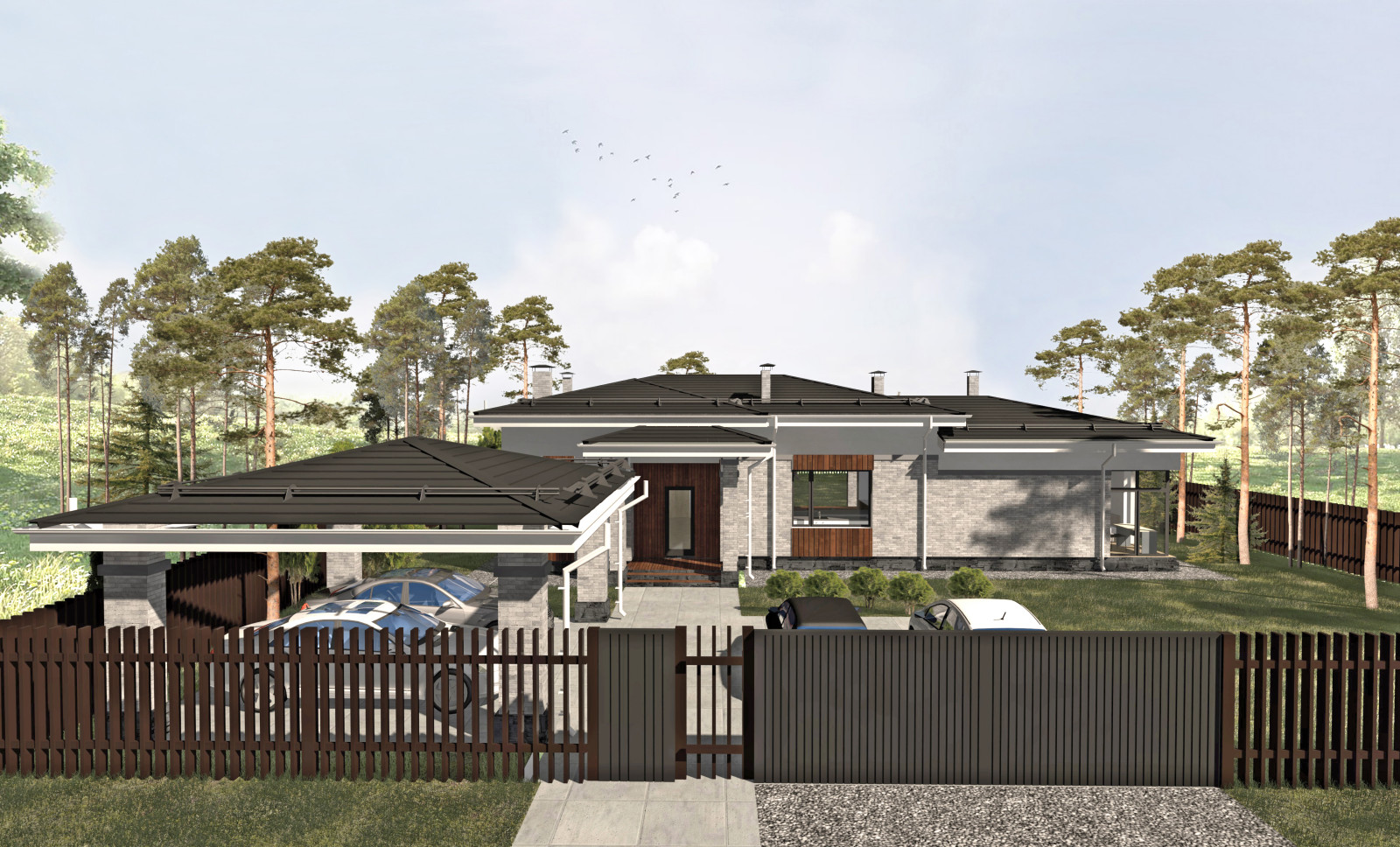 Одноэтажный дом в стиле Райта