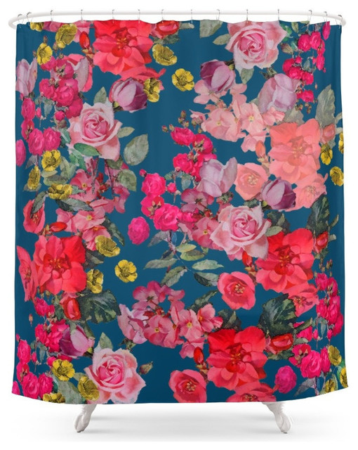 Watercolor Vintage Floral Print On Cerulean Shower Curtain