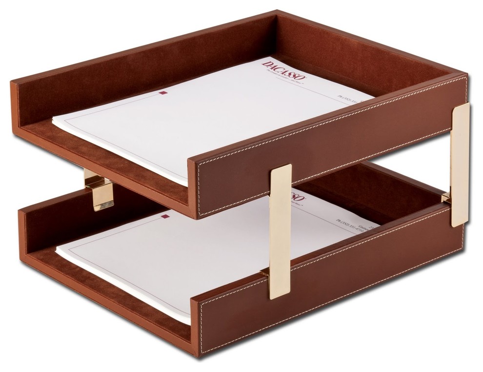 A3220 Rustic Brown Leather Double Letter Trays Contemporary Desk Accessories by