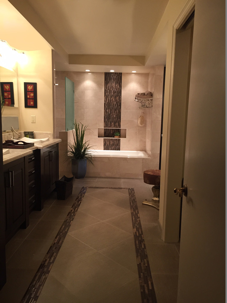 Large asian master bathroom in Los Angeles with shaker cabinets, dark wood cabinets, a drop-in tub, an alcove shower, beige tile, porcelain tile, beige walls, porcelain floors, a drop-in sink, engineered quartz benchtops, grey floor and an open shower.
