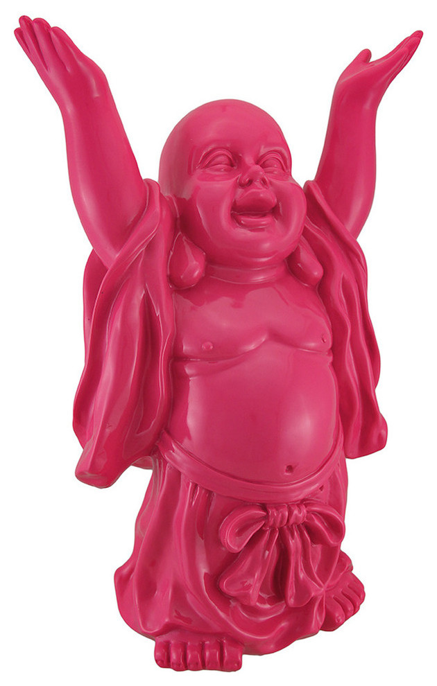 Bright Fuchsia Pink 16" Standing Happy Buddha Statue Eclectic Decorative Objects And